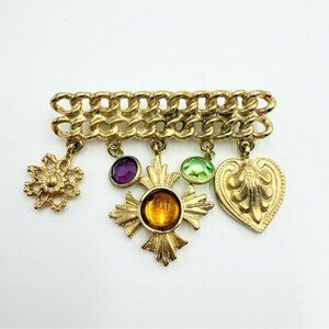 Vintage Juliana 'Book Piece' Dangle Multicolor Charm Rhinestone Metal Brooch